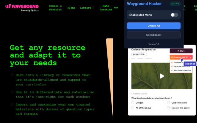 Wayground Hacker extension popup showing the mod menu, unlock all, and speed boost features on Wayground.com